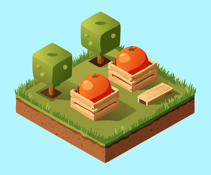 Isometric fresh fruit harvest crates crate boxes filled with ripe red apples and oranges for village farmer market shop tycoon simulation game