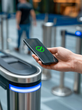 Smartphone Digital Access at Security Turnstile in Modern Office