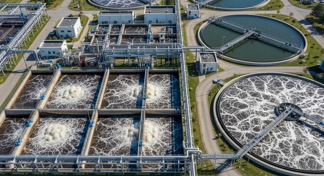 Aerial view of a large industrial wastewater treatment plant with multiple aeration tanks and settling pools in operation