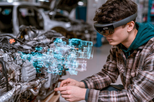 Mechanic Using Augmented Reality Glasses During Engine Repair Work