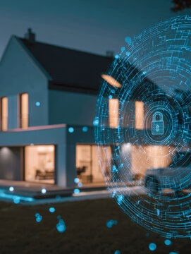 Modern Smart Home With Blue Digital Security Lock Interface