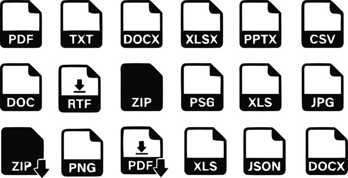 Collection of various file format icons on a for business and technology concepts