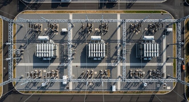 Aerial view of a modern electrical substation complex showcasing high-voltage power infrastructure and distribution systems