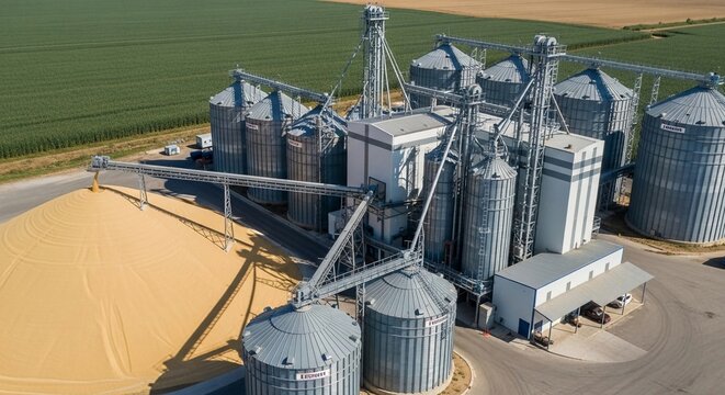 Aerial view of a modern industrial maize processing estate with large grain storage silos and complex machinery