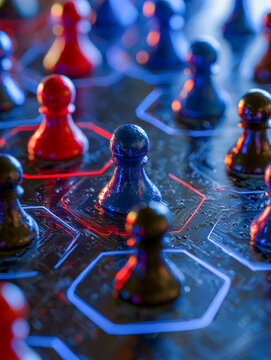 Board Game Pieces On Futuristic Digital Strategy Grid