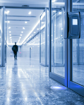 Modern Secure Corridor With Glass Doors And Access Controls