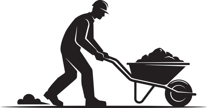 Silhouette of a man pushing a loaded wheelbarrow, with worker