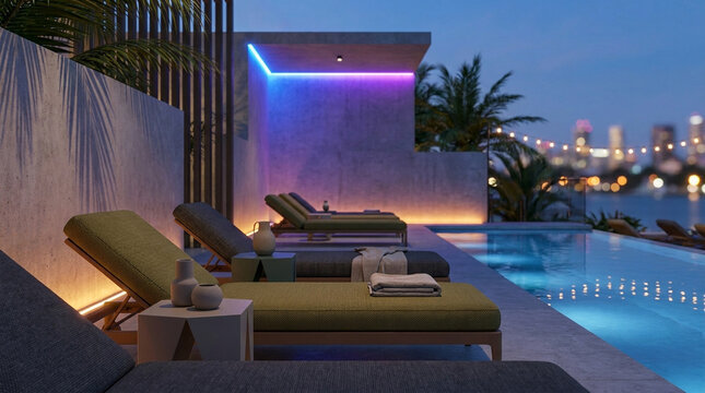 Luxury Rooftop Pool with City Skyline View at Dusk