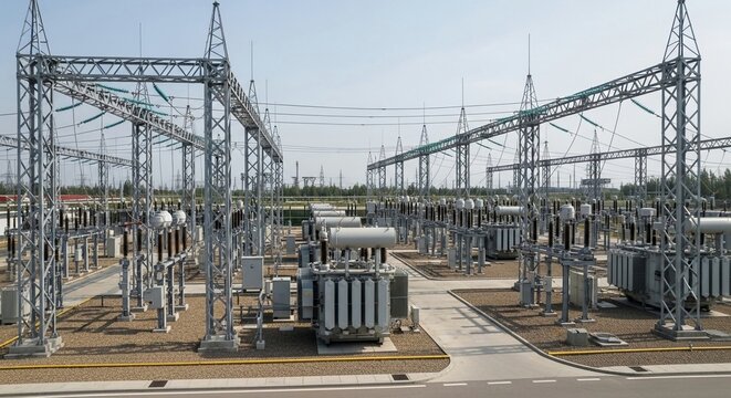 Expansive electrical substation facility with intricate power transmission infrastructure under a clear sky