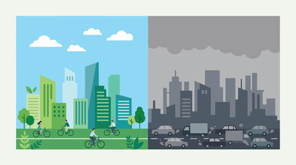 Fototapeta premium Clean City Skyline Contrasted with Polluted Urban Landscape