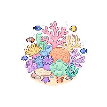 Colorful pixel art coral reef with tropical fish and sea creatures isolated on white background