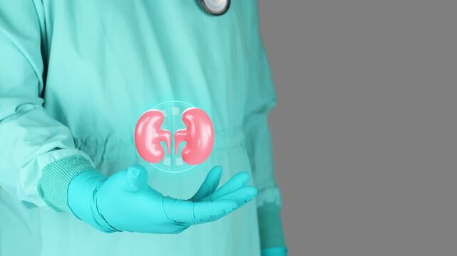 Doctor in green uniform presents 3D kidneys. Concept of kidney health, nephrology, filtration function, prevention and awareness of kidney stones and chronic kidney disease. Isolated.