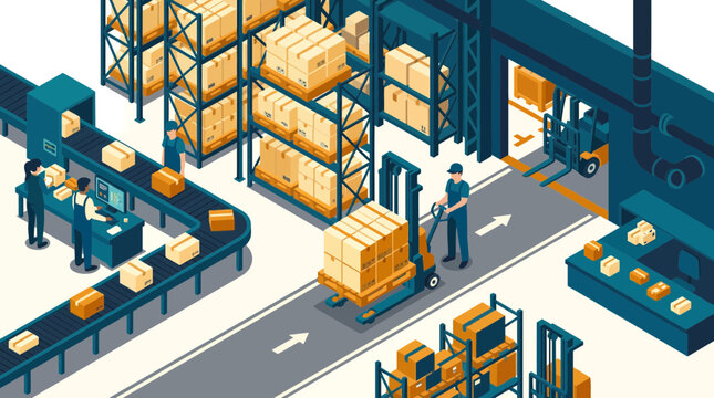 Automated warehouse with conveyor belts workers and inventory shelves.
