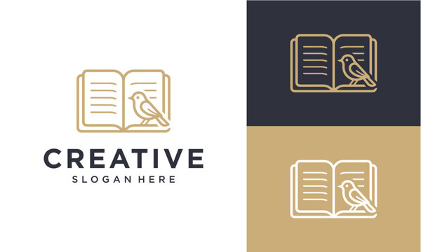 Minimalist open book and bird line art logo template