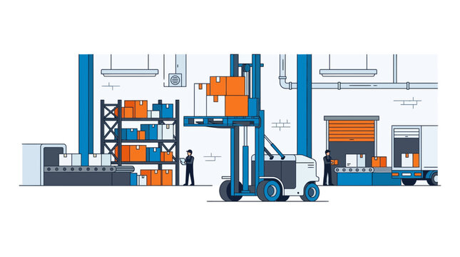 Automated forklift robot lifting boxes in modern industrial warehouse.
