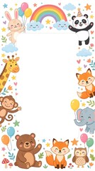 Obraz premium Cute vertical cartoon animals border frame with panda, elephant, giraffe, fox, bear, monkey, rainbow, and balloons for kids birthday design.