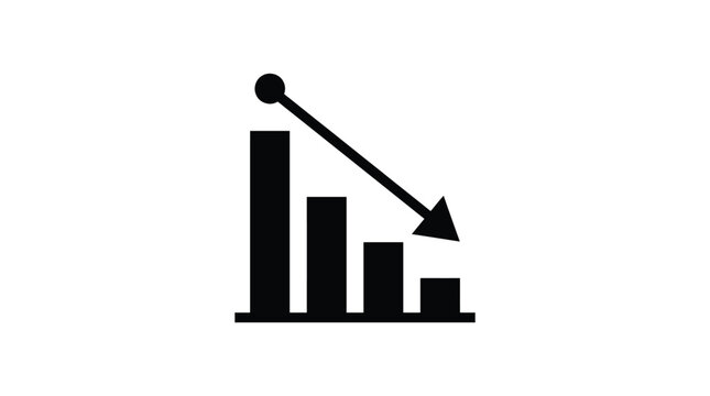 Minimalist black vector graphic showing a declining bar chart with a downward pointing arrow icon design