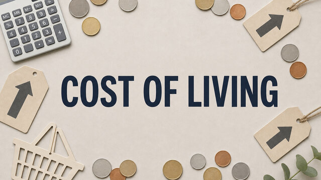 Flat lay financial concept with cost of living text, calculator, coins, price tags, and shopping basket on a neutral background.
