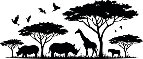 African wildlife vector silhouette featuring savanna animals, acacia trees, and flying birds © MI Visual Studio