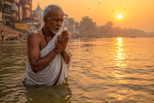 Elderly hindu devotee standing in holy river water with folded hands offering morning prayers to sun god during traditional ganga dussehra ritual and ganga puja