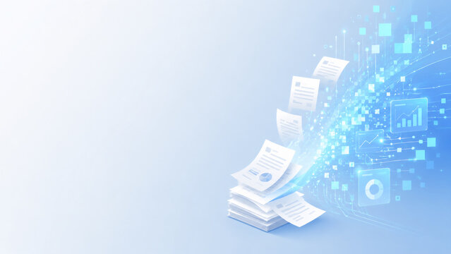 Paper documents transforming into digital data with charts and graphs, digital transformation concept with copy space
