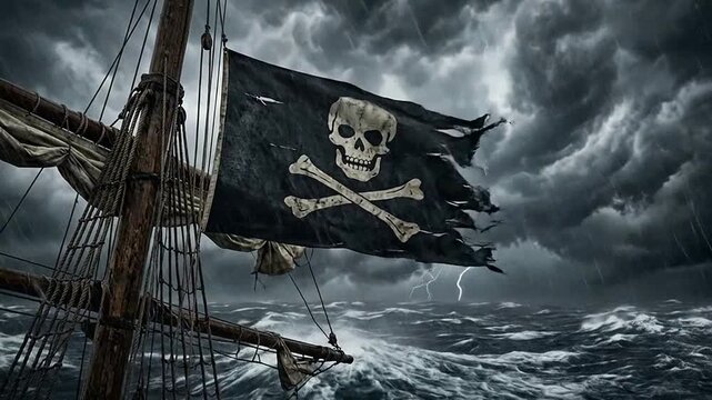 Dark Stormy Sea with Pirate Flag and Lightning Bolts