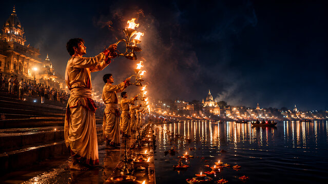 Dedicated hindu priests standing tall on ancient stone steps holding flaming aarti lamps high during the beautiful ganga dussehra festival and intense ganga puja worship