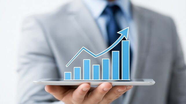Businessman offers a tablet showcasing a striking blue bar chart with an upward trend arrow, illustrating robust.