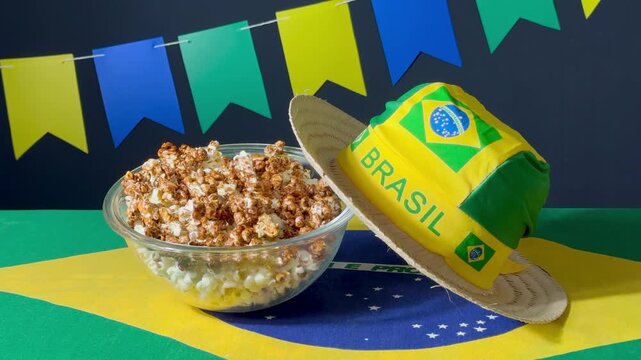 A bowl of popcorn, a straw hat, a scarf with the Brazilian flag symbol and the word "Brasil" (in Portuguese), and colorful flags in the background. Traditional Brazilian June festival. Arrai&aacute;.