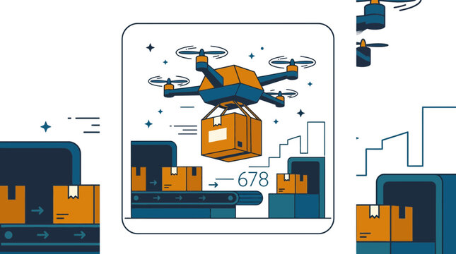 Autonomous delivery drone lifting package from automated warehouse conveyor.