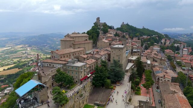 Aerial view of Palazzo Pubblico and town square, San Marino City
