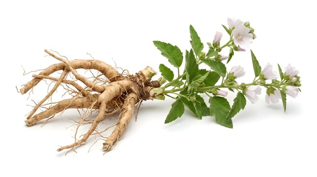 Marshmallow medicinal root plant with pale pink flowers and green leaves isolated on white background, realistic herbal medicine botanical photography