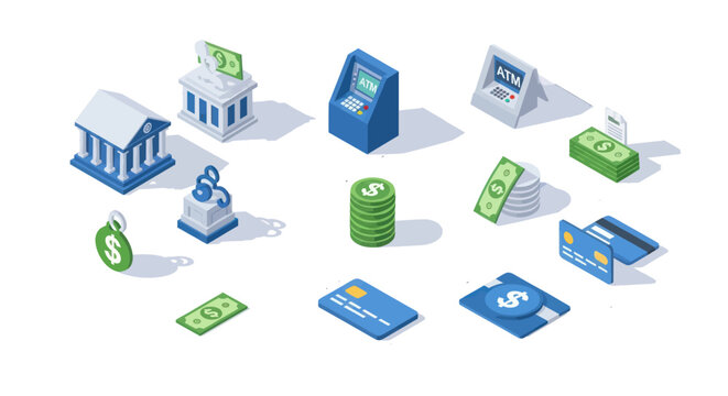 Financial Icons Representing Banking Services and Transactions.