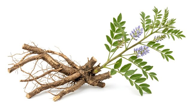 Licorice medicinal root plant with natural purple flowers and green pinnate leaves isolated on white background, realistic herbal medicine botanical photography