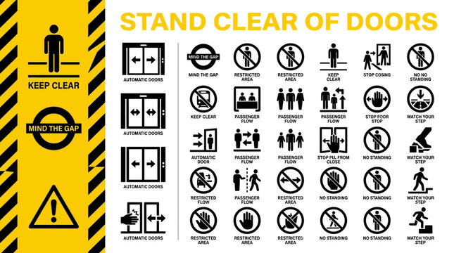 Collection of safety warning signs for keeping clear of doors and maintaining safe distances in various public and private spaces