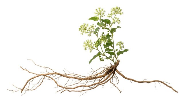 Sarsaparilla medicinal root plant with natural green leaves and small flowers isolated on white background, realistic herbal medicine botanical photography