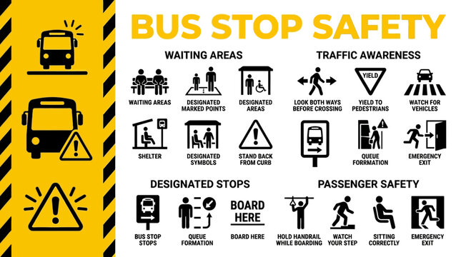 Comprehensive guide to bus stop safety featuring waiting area and traffic awareness, passenger safety tips, and designated signs for public transportation users