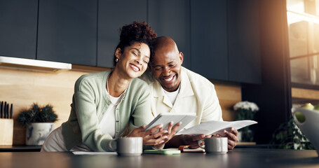Finance, paperwork or happy couple with tablet in home for loan settlement, budget goal or pride....