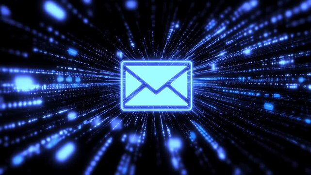 Digital email icon glowing in a high speed data stream background.