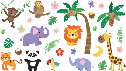 Fototapeta premium Cartoon safari animals and tropical foliage a colorful vector illustration on a white background