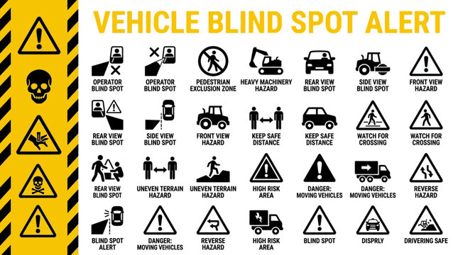 Warning signs for vehicle blind spot alerts, construction, and safety precautions