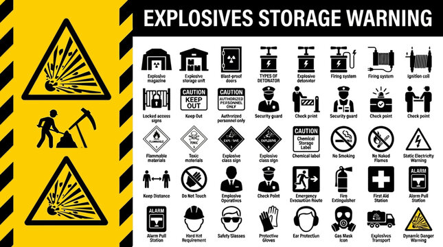 Explosives Storage Warning Signs and Safety Icons for Hazardous Material Handling and Workplace Safety
