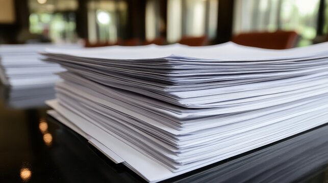 A large stack of legal and business documents rests on a sleek desk, representing important contracts and paperwork.
