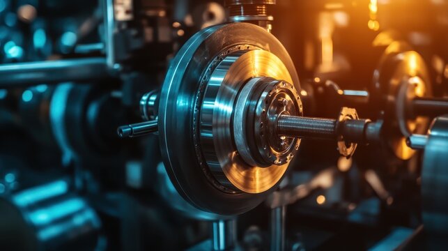 Close-up of a sophisticated offset printing press mechanism in operation, showcasing intricate metal components and precise alignment for high-quality output.