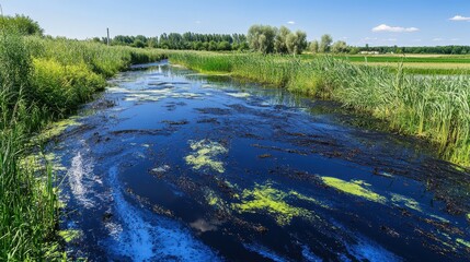 Fototapeta premium Agricultural pesticide runoff pollutes a rural stream with green algae and foam under a clear blue sky
