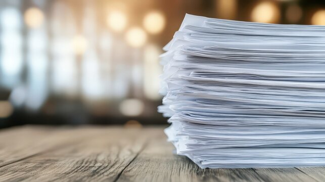 A substantial stack of documents and papers rests on a wooden desk with a soft, blurred background.