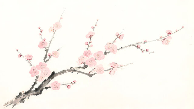 Ink wash paints sparse plum branches with pink blooms, blank space embodies elegant Chinese traditional painting, oriental hand-painted art material.