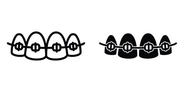 Teeth with braces icon set in outlined drawings with flat version.
