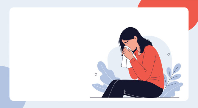 Sad woman sitting on the ground and crying into a white tissue while feeling lonely and depressed in a minimalist setting.