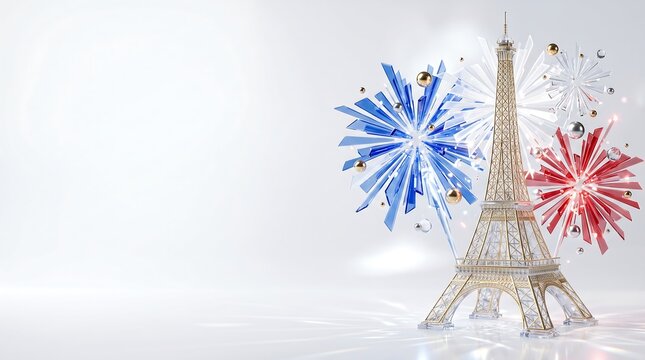 Eiffel Tower model with a festive French flag colors explosion for a France Bastille Day celebratory background